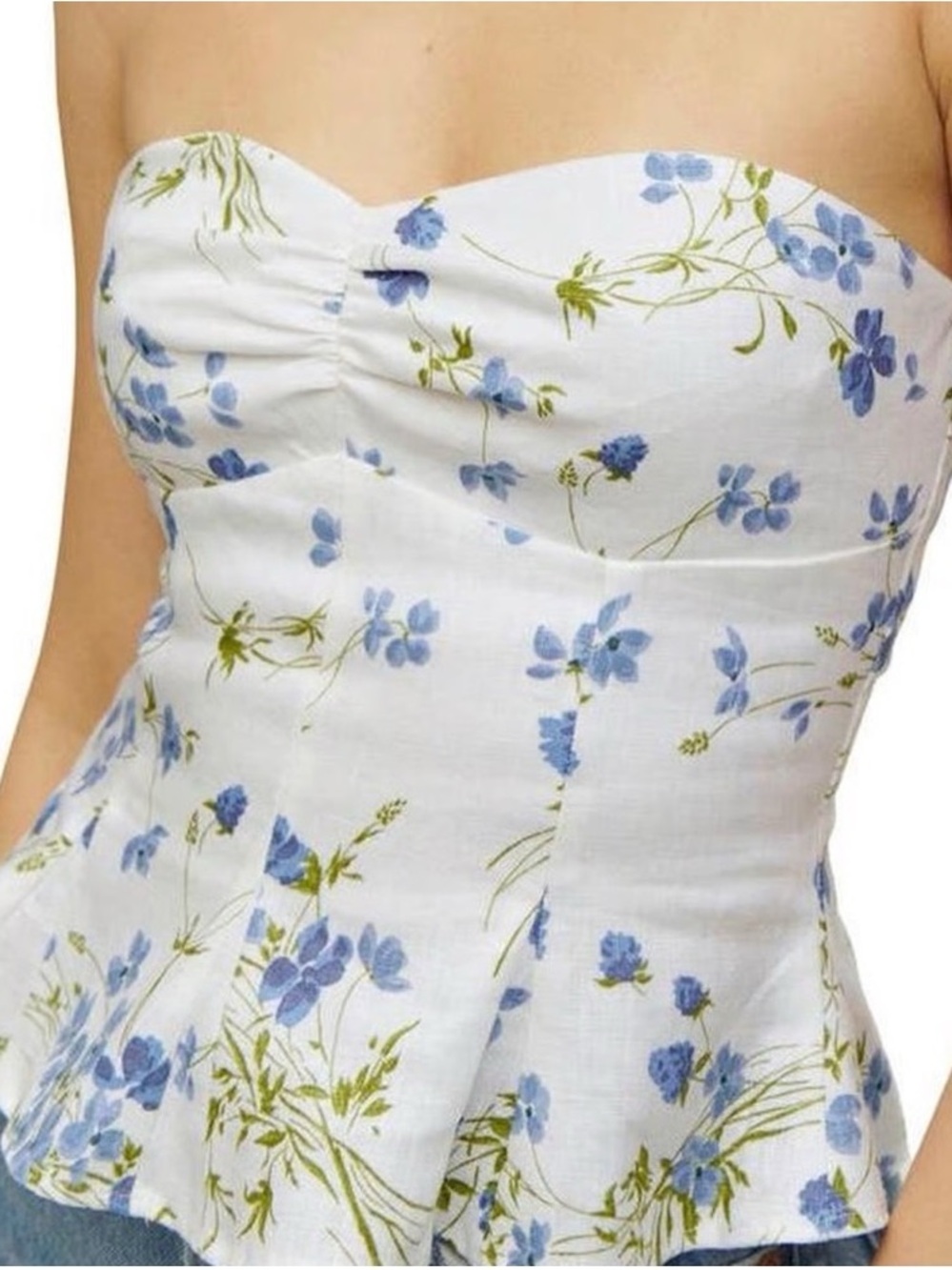 Reformation Strapless Linen Floral Top in White and Blue